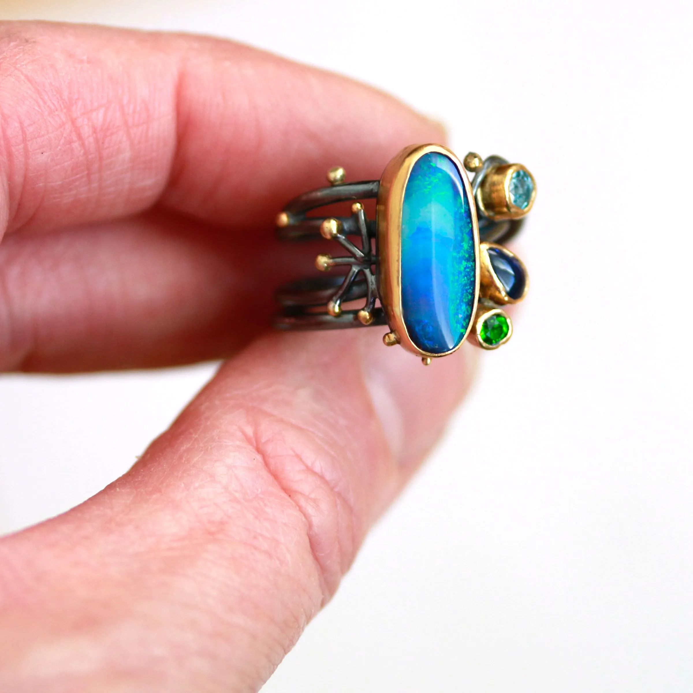 SOLD Blue Green Boulder Opal Tangled Vines Ring with Kyanite, Tsavorite Garnet and Swiss Blue Topaz. Size 7 1/2.