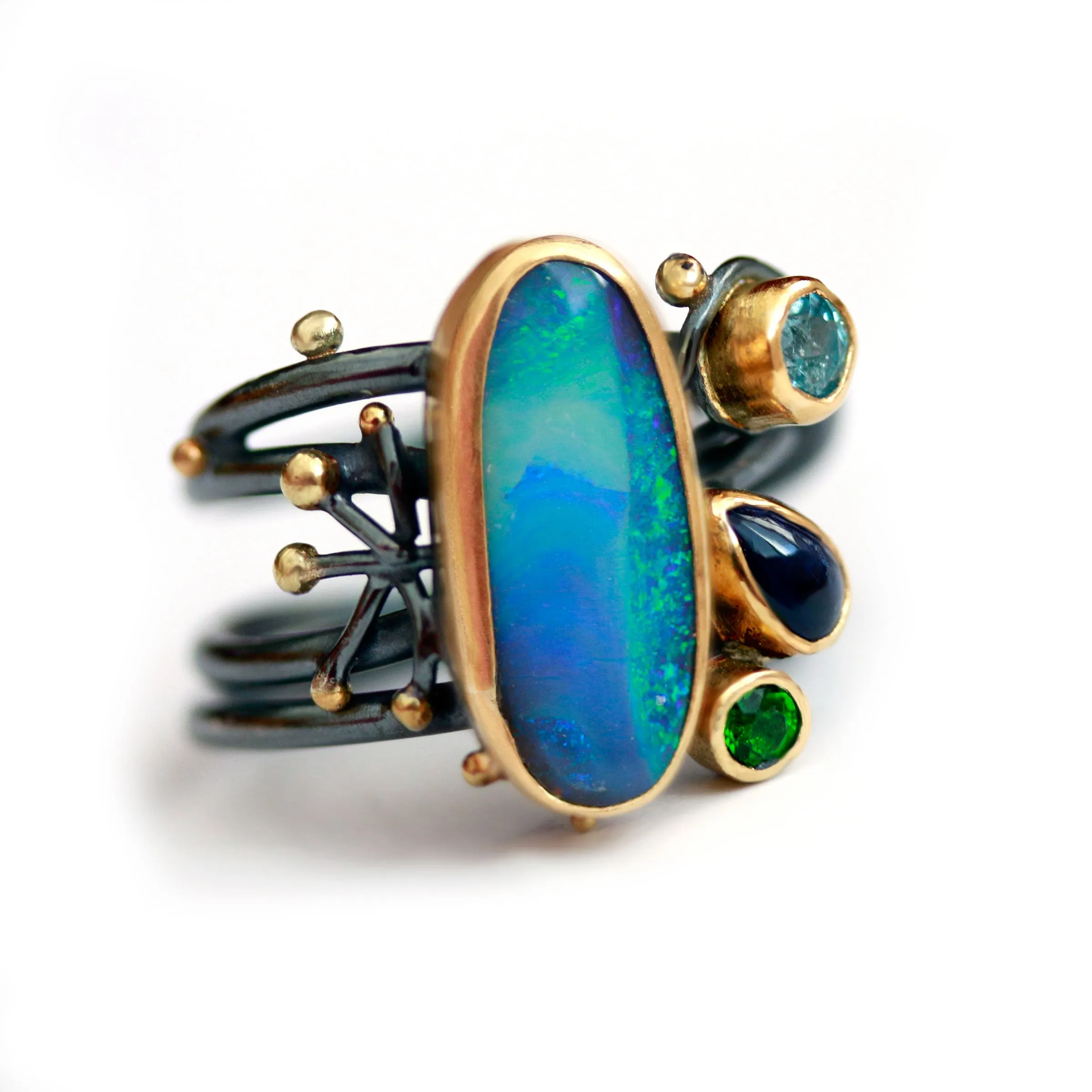 SOLD Blue Green Boulder Opal Tangled Vines Ring with Kyanite, Tsavorite Garnet and Swiss Blue Topaz. Size 7 1/2.