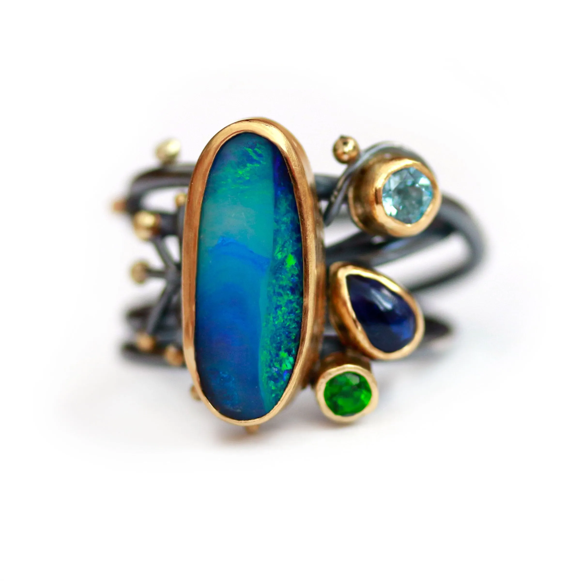 SOLD Blue Green Boulder Opal Tangled Vines Ring with Kyanite, Tsavorite Garnet and Swiss Blue Topaz. Size 7 1/2.