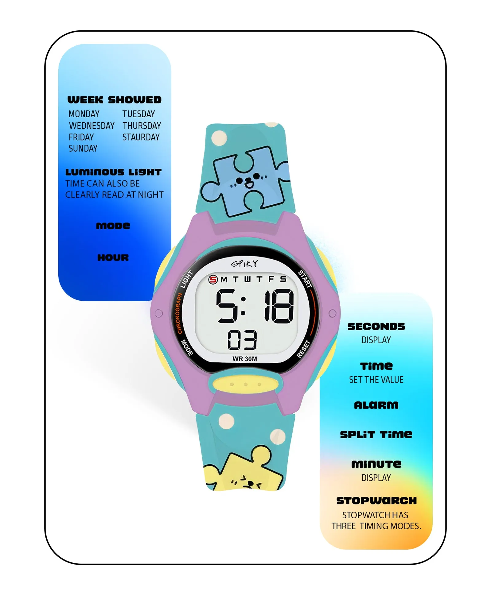 Spiky Eva18 Printed Strap Round Sports Digital Watch