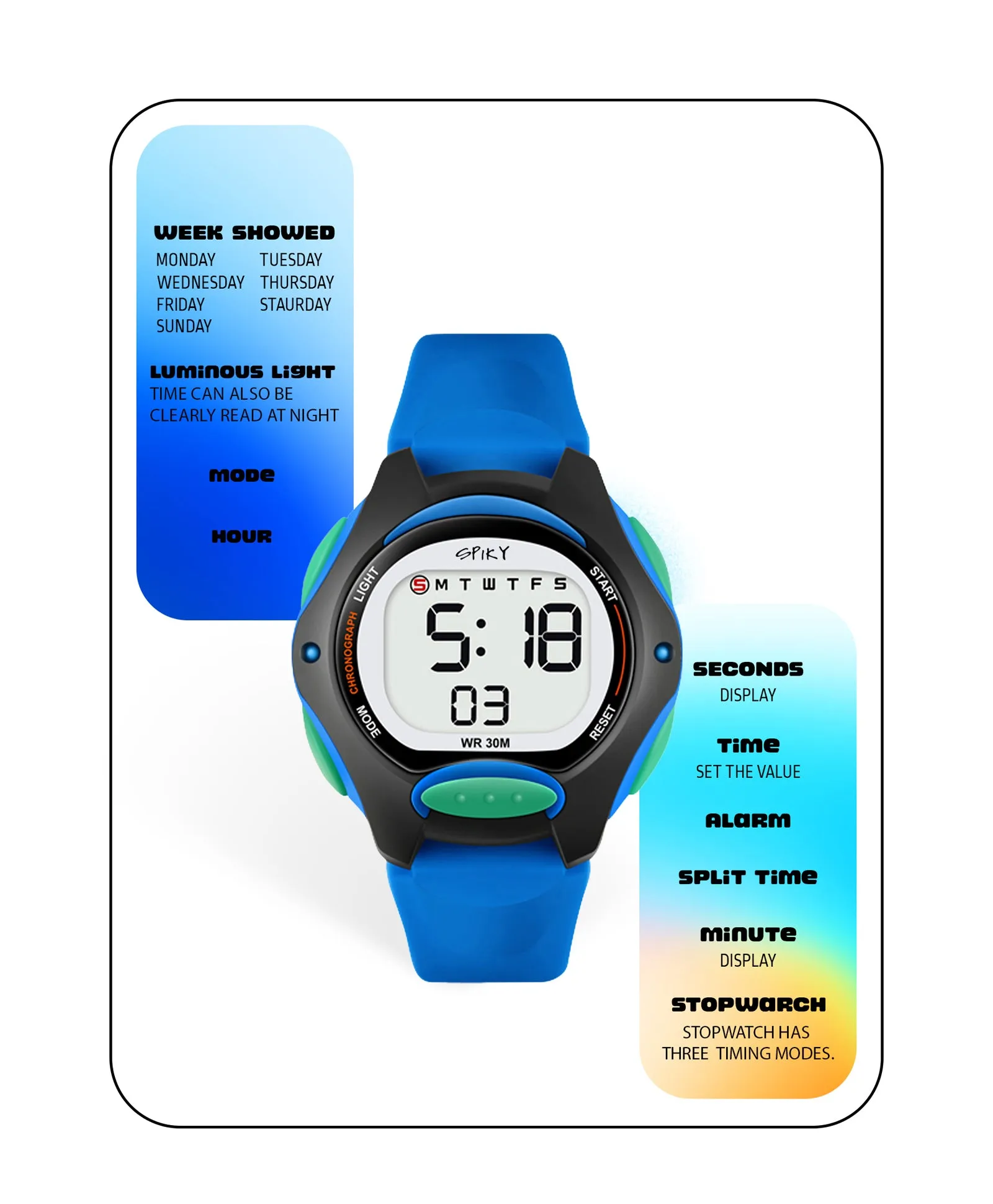 Spiky Eva2 Round Digital Kids Sports Watch - Black