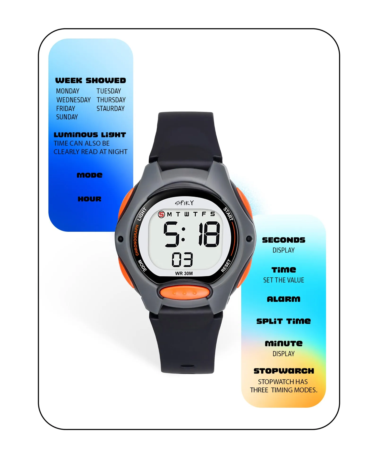 Spiky Eva2 Round Digital Kids Sports Watch - Black