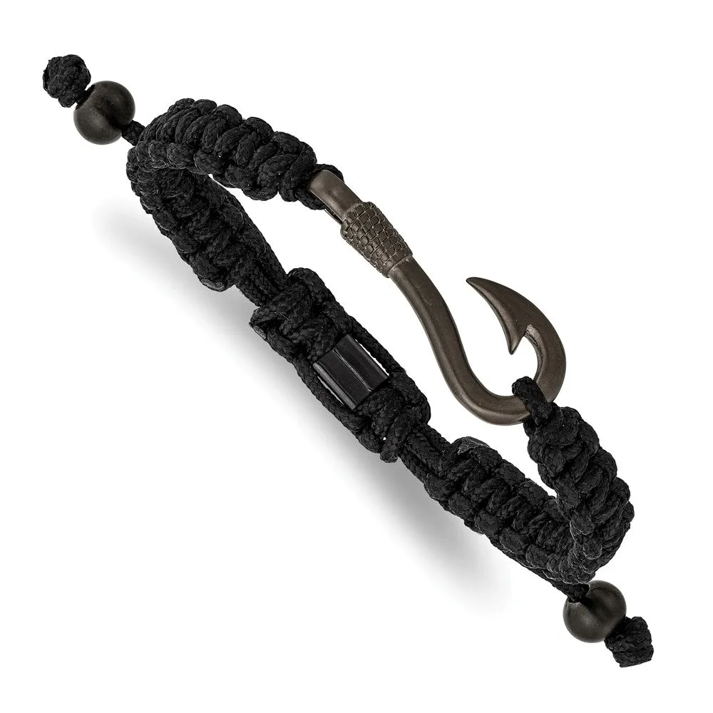 Stainless Steel Brushed Gun Metal IP Fishing Hook Black Nylon Adj Bracelet