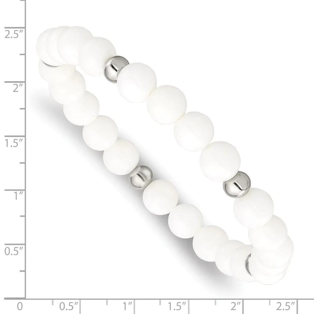 Stainless Steel Polished White Ceramic Beaded Stretch Bracelet