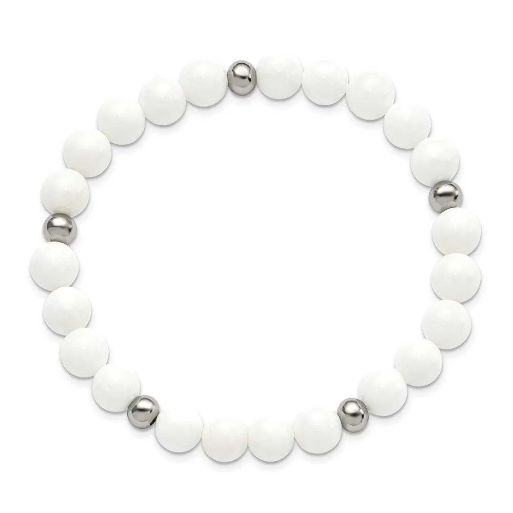 Stainless Steel Polished White Ceramic Beaded Stretch Bracelet
