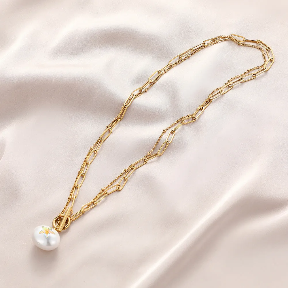 Stainless Steel Round Pearl Star Necklace