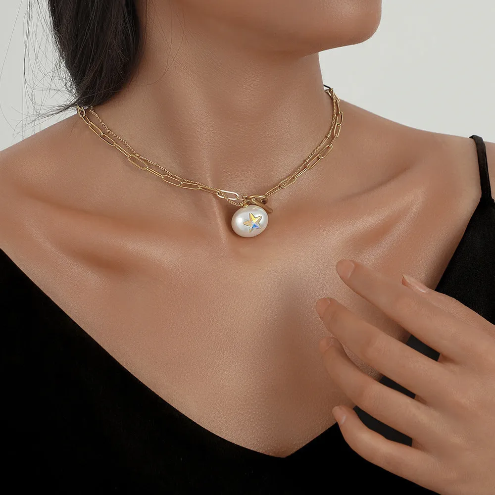 Stainless Steel Round Pearl Star Necklace