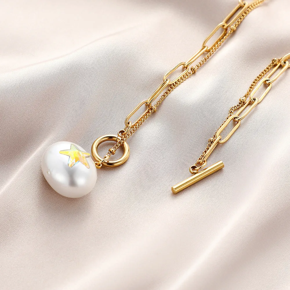 Stainless Steel Round Pearl Star Necklace
