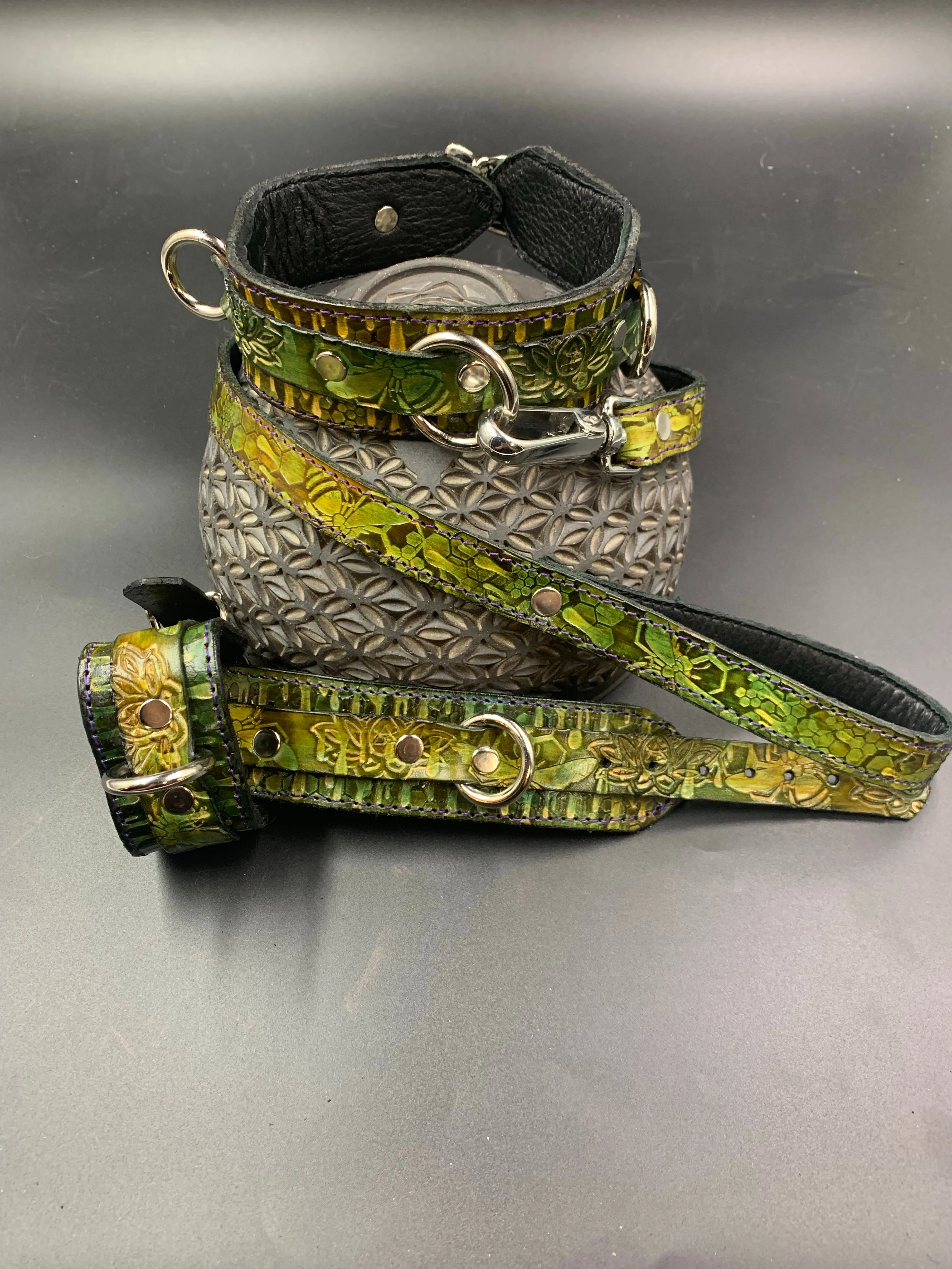 Stamped Leather Bondage Gear - Collar, Short Lined Leash, & 1 Cuff Set