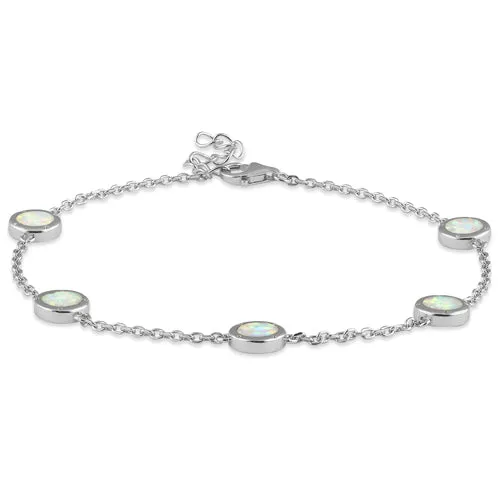 Sterling Silver Adjustable White Lab Opal Station Bracelet