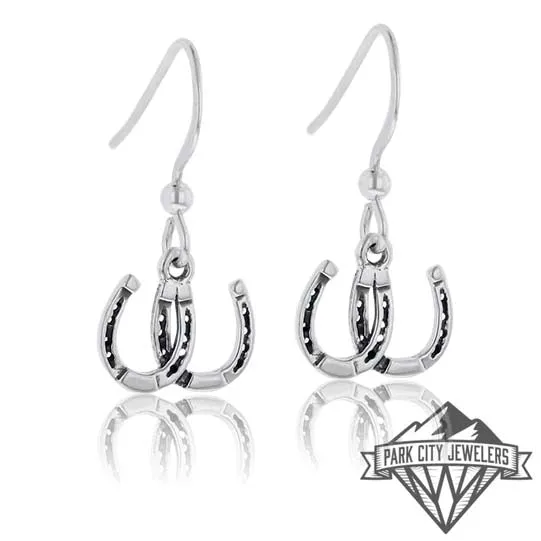 Sterling Silver Double Horse Shoe Dangle Earrings