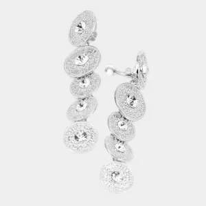 Stone Centered Metal Coin Link Clip On Earrings
