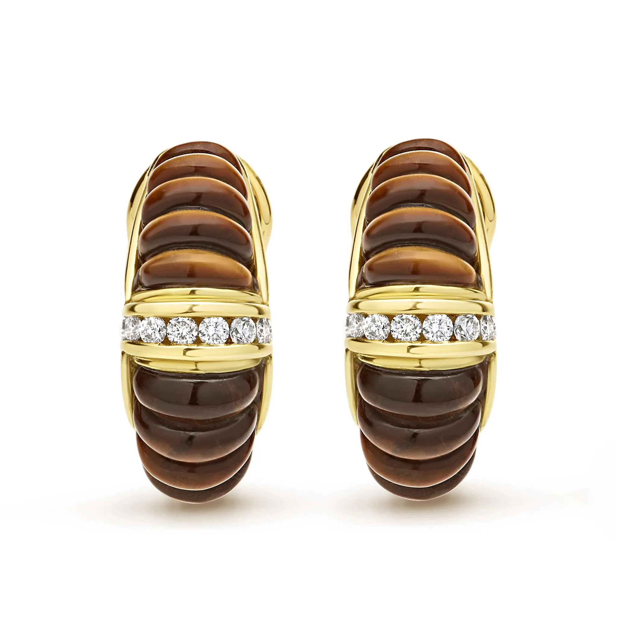 Studio 18K Gold Fluted Tigers Eye Diamond Earrings