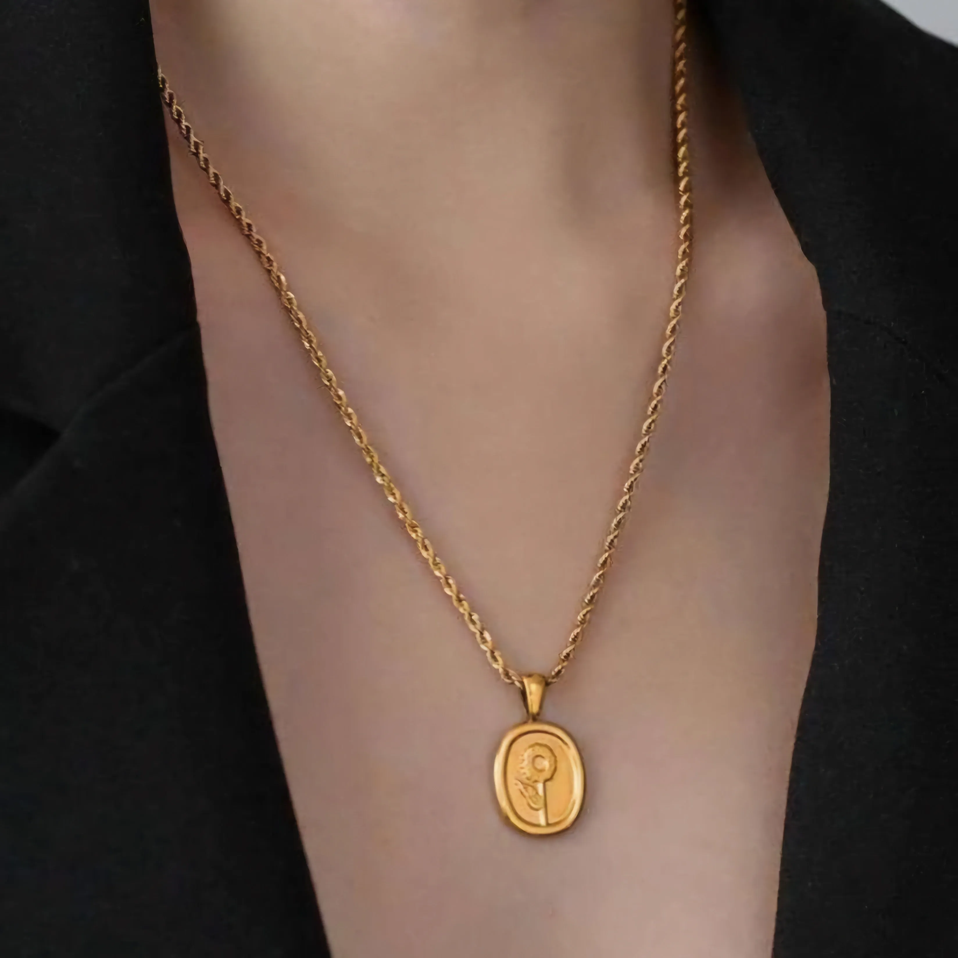 Sunflower Rope Chain Necklace Gold Plated, Waterproof and Anti-Tarnish