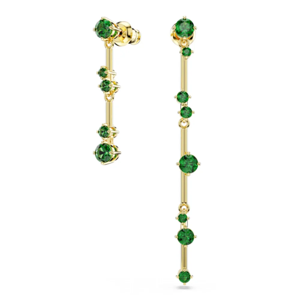 Swarovski Constella Drop Earrings Asymmetrical design, Round cut, Green, Gold-tone plated