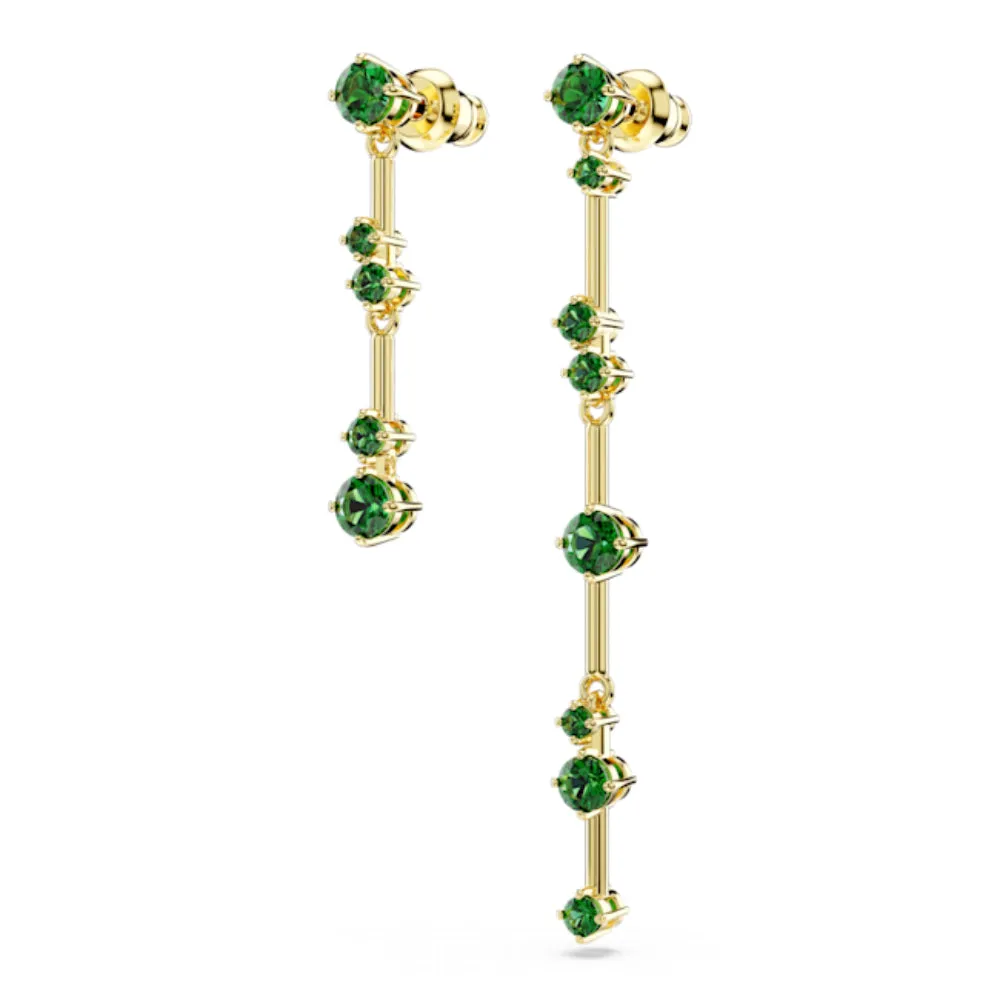 Swarovski Constella Drop Earrings Asymmetrical design, Round cut, Green, Gold-tone plated