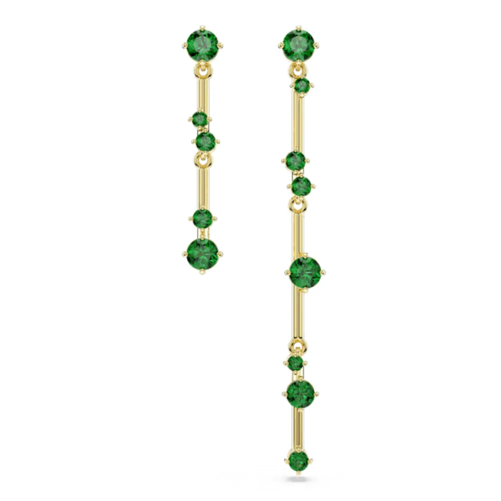 Swarovski Constella Drop Earrings Asymmetrical design, Round cut, Green, Gold-tone plated