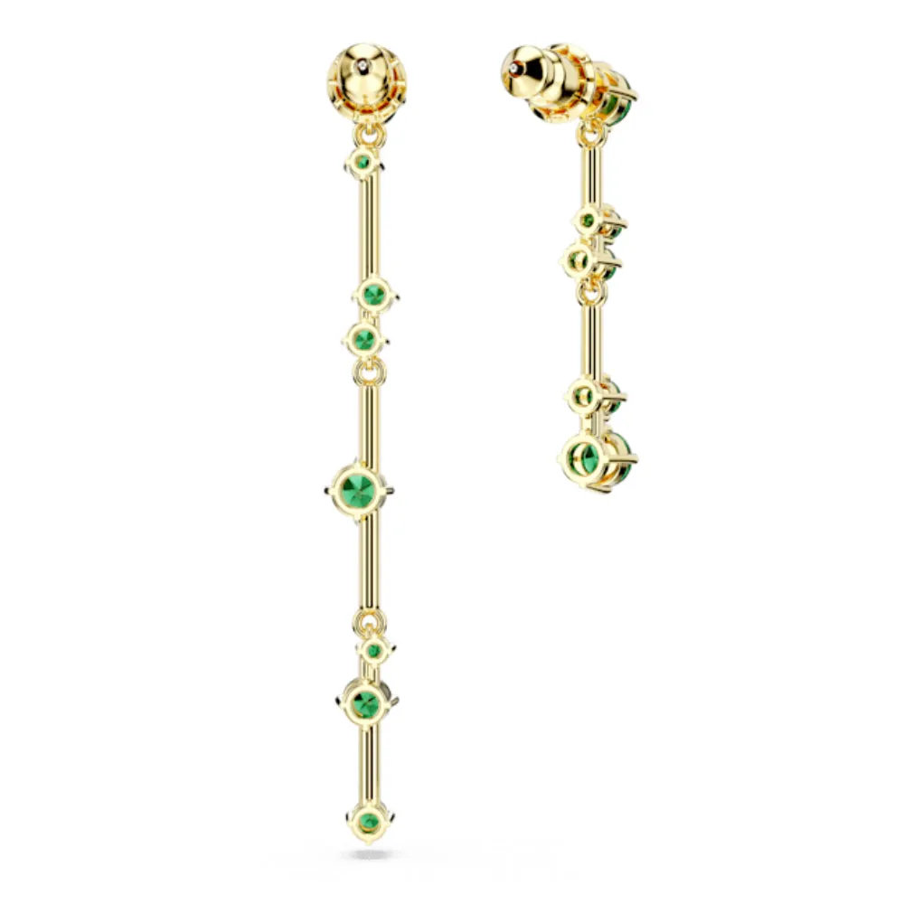 Swarovski Constella Drop Earrings Asymmetrical design, Round cut, Green, Gold-tone plated