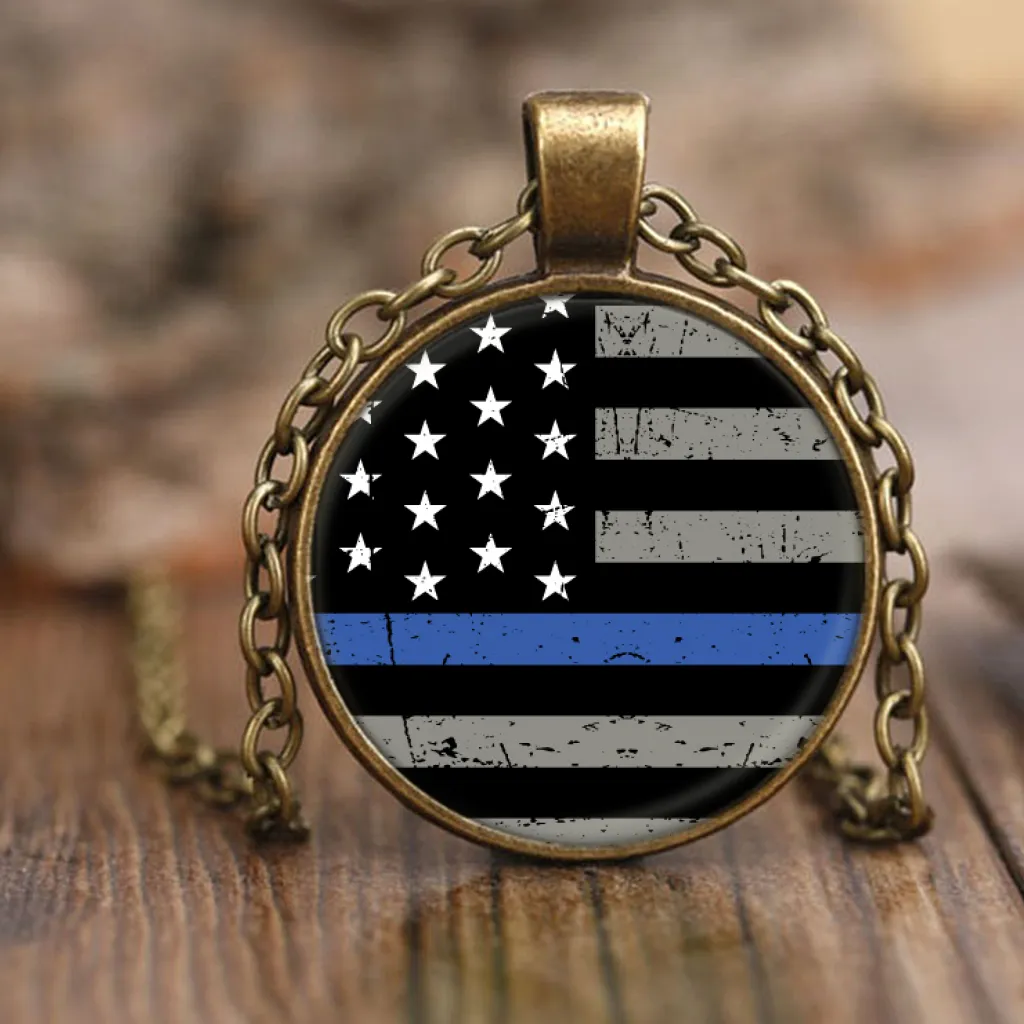 Thin Blue Line Flag Circle Pendant Necklace