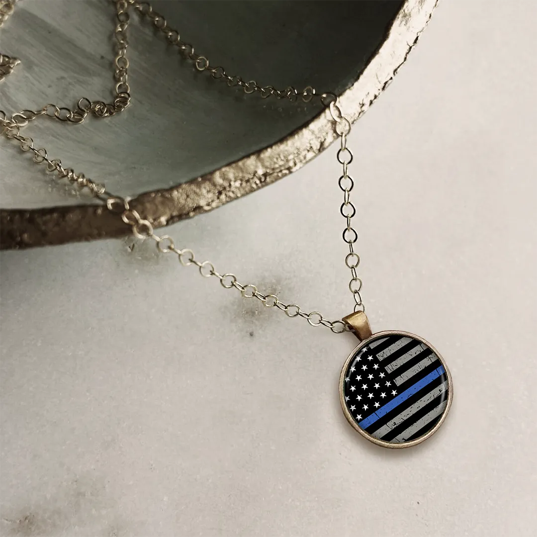 Thin Blue Line Flag Circle Pendant Necklace