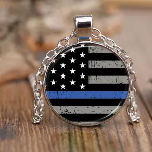 Thin Blue Line Flag Circle Pendant Necklace