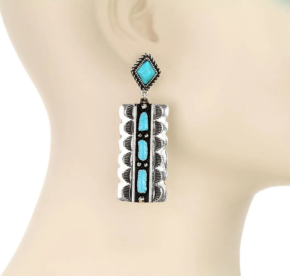 Trail of Turquoise Fashion Silver Rectangle Earrings