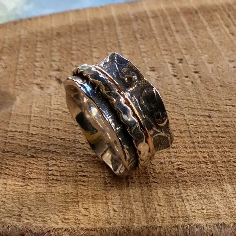 Two tone ring, gold silver ring, stacking ring, rose gold ring, wide silver band, spinners ring, leaf ring, silver band - Cozy Fall R2302