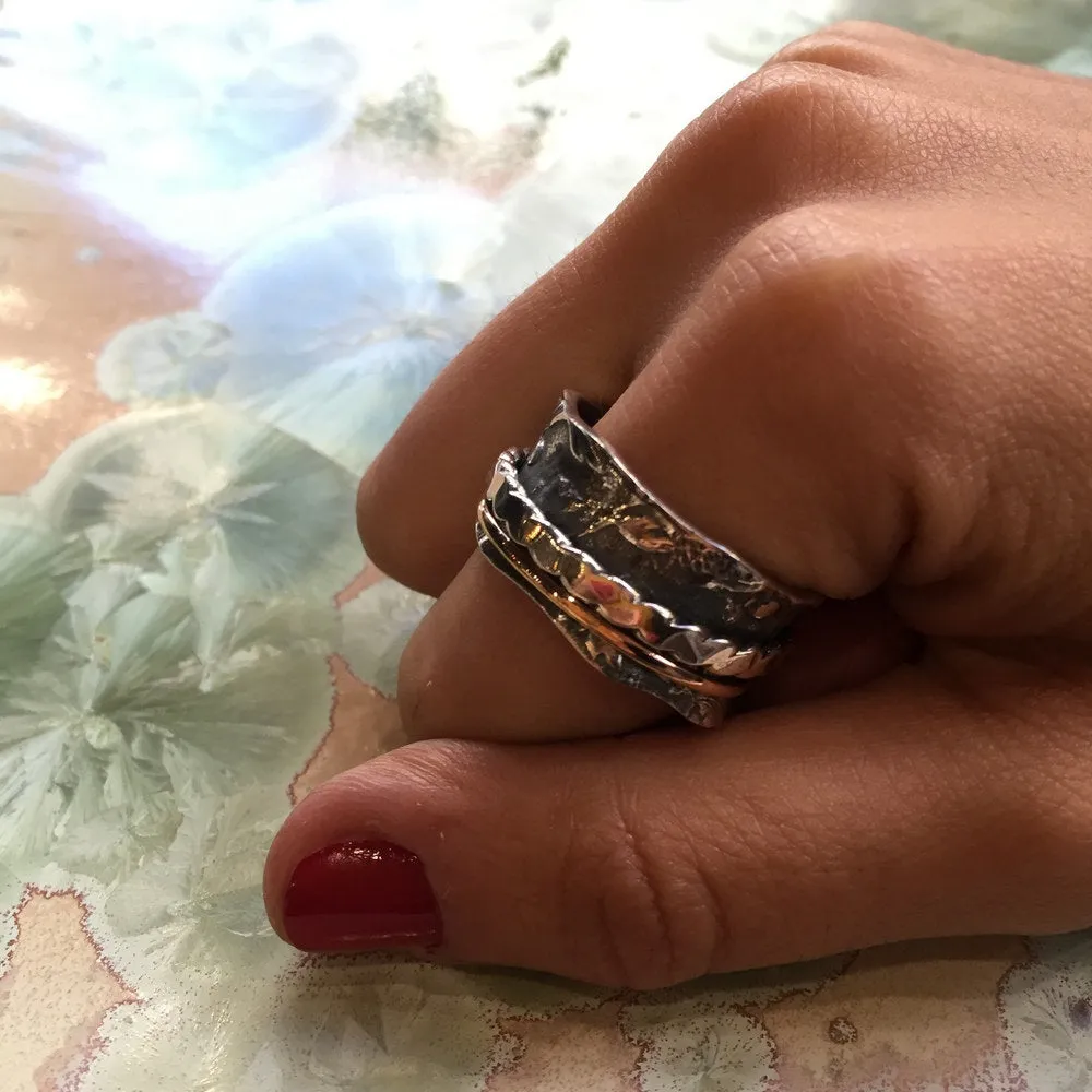 Two tone ring, gold silver ring, stacking ring, rose gold ring, wide silver band, spinners ring, leaf ring, silver band - Cozy Fall R2302