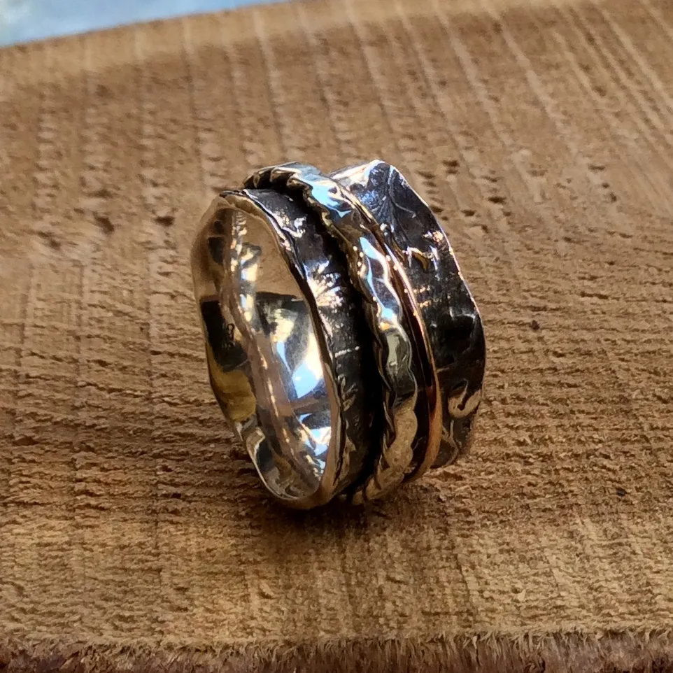 Two tone ring, gold silver ring, stacking ring, rose gold ring, wide silver band, spinners ring, leaf ring, silver band - Cozy Fall R2302