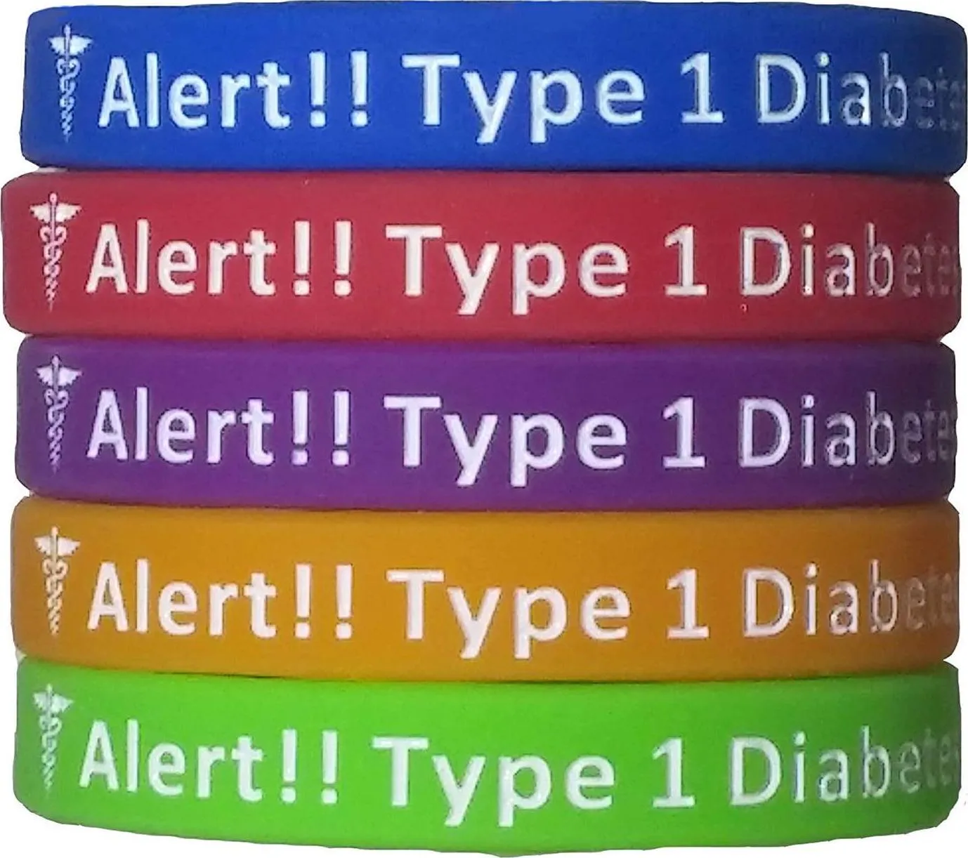 Type 1 Diabetes Bracelets Silicone Medical Alert Wristbands (Pack of 5) Adults and Kids Sizes (6.5 inches)