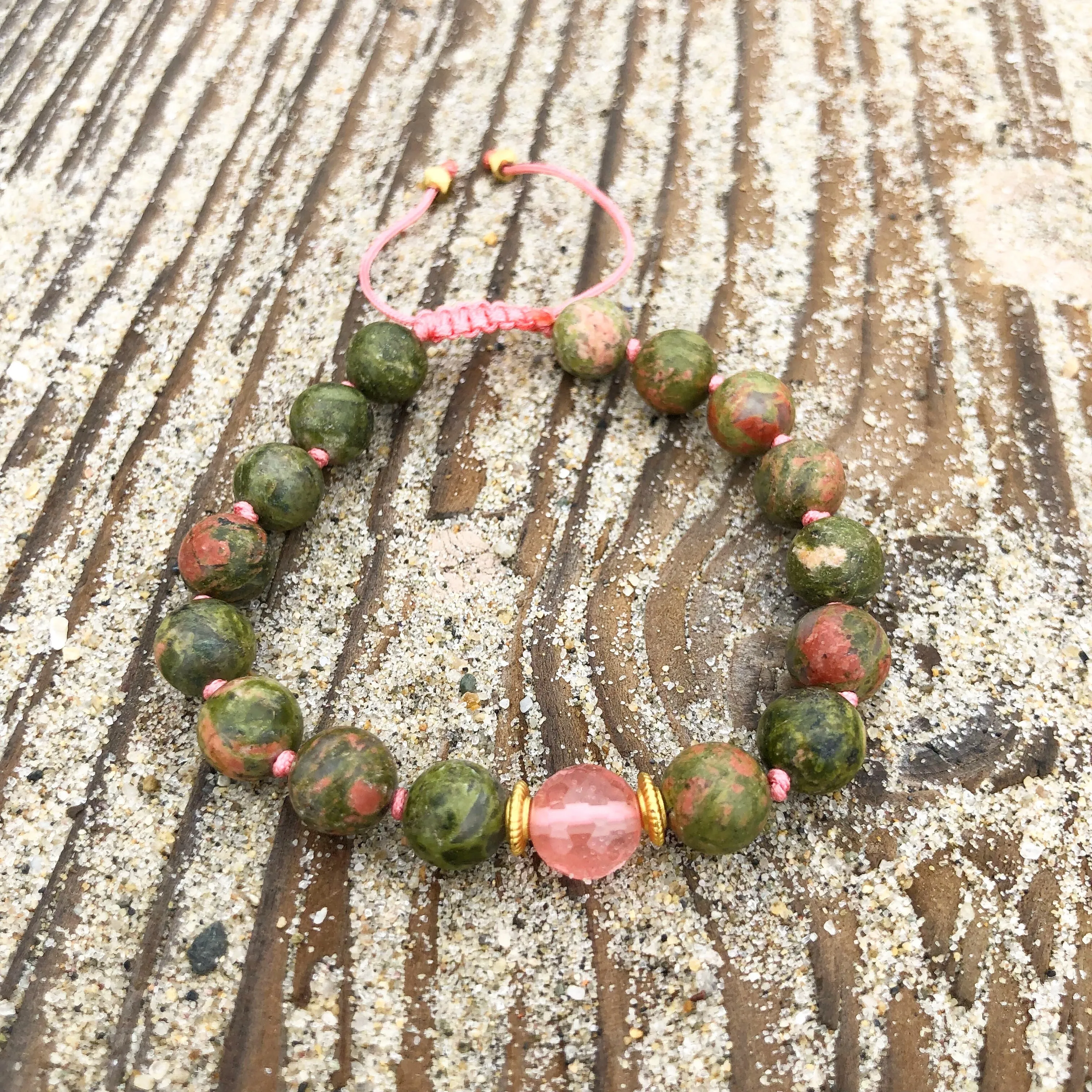 Unakite & Strawberry Quartz Adjustable Beaded Bracelet