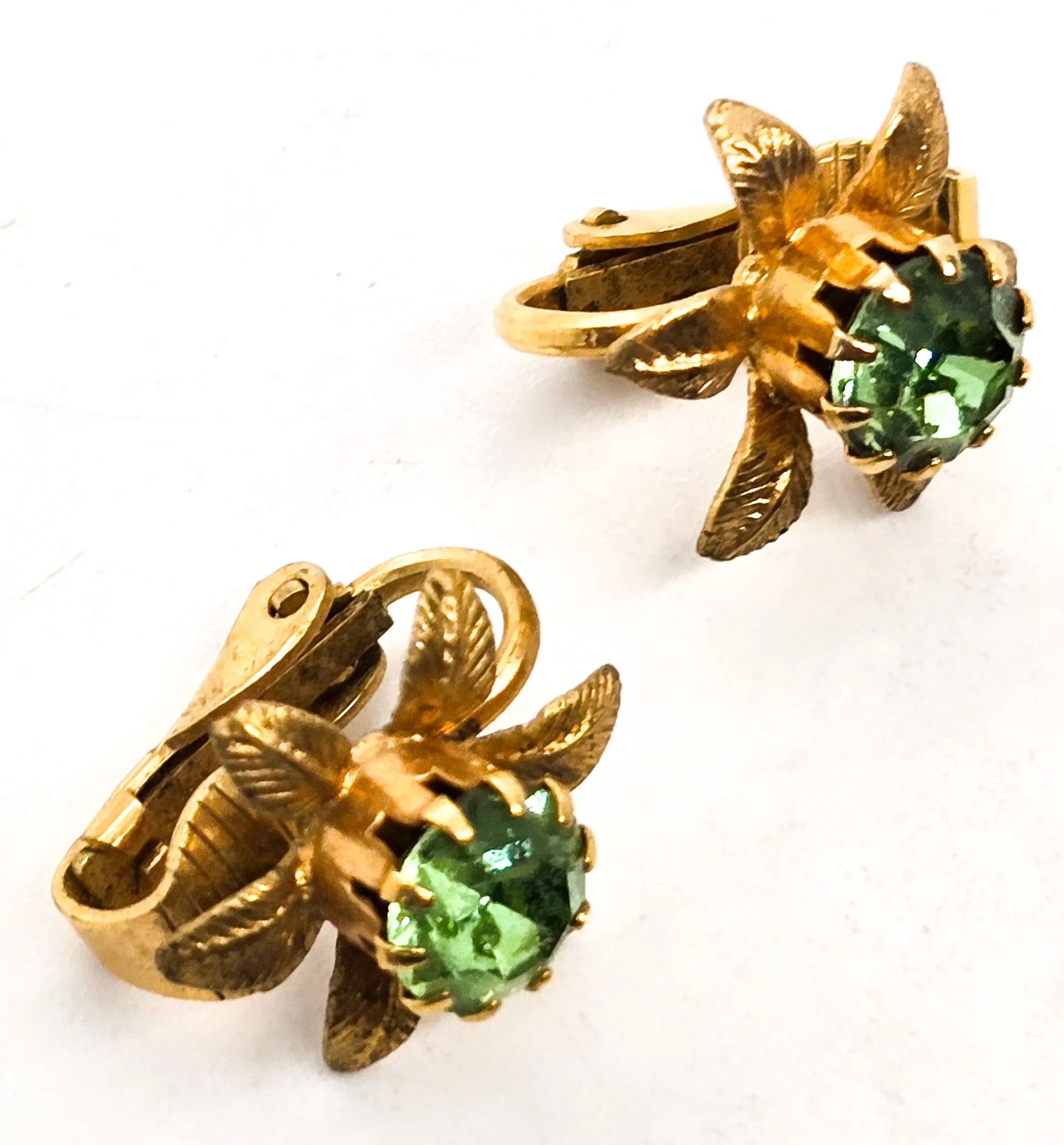 Uranium glass flower petite gold toned vintage clip on mid century earrings