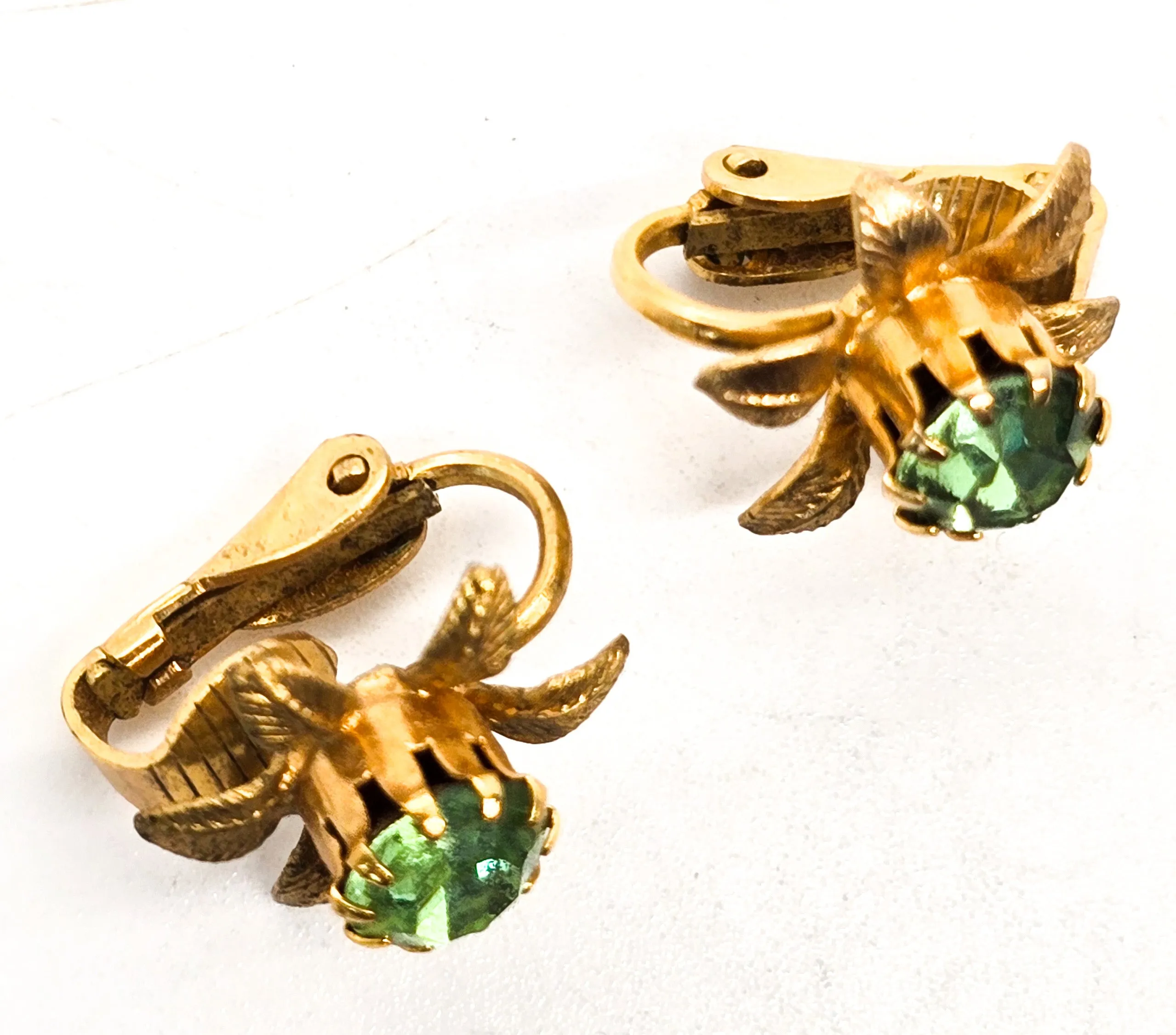 Uranium glass flower petite gold toned vintage clip on mid century earrings