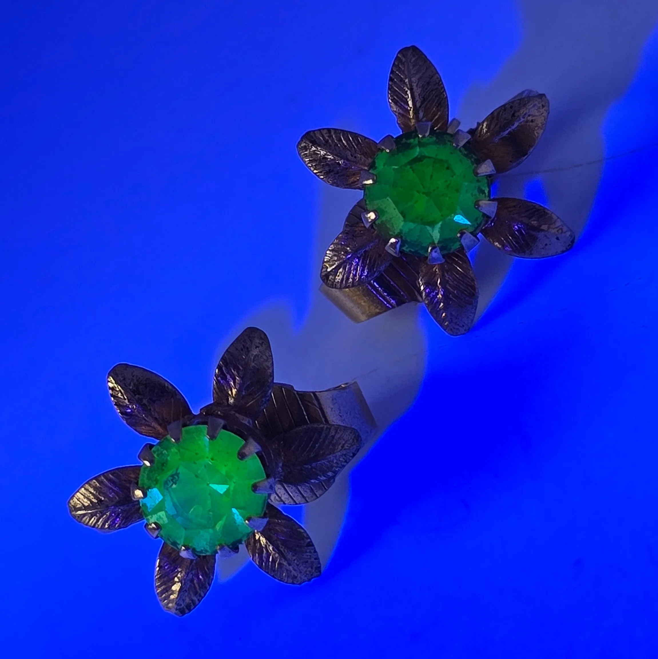 Uranium glass flower petite gold toned vintage clip on mid century earrings