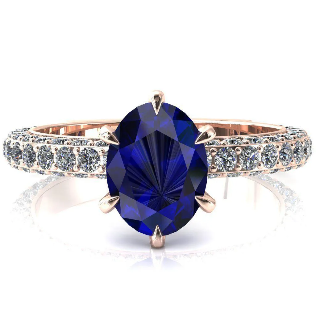 Vanessa Oval Blue Sapphire 6 Claw Prongs 3/4 Pavé Eternity Engagement Ring
