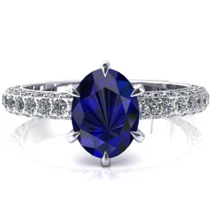 Vanessa Oval Blue Sapphire 6 Claw Prongs 3/4 Pavé Eternity Engagement Ring