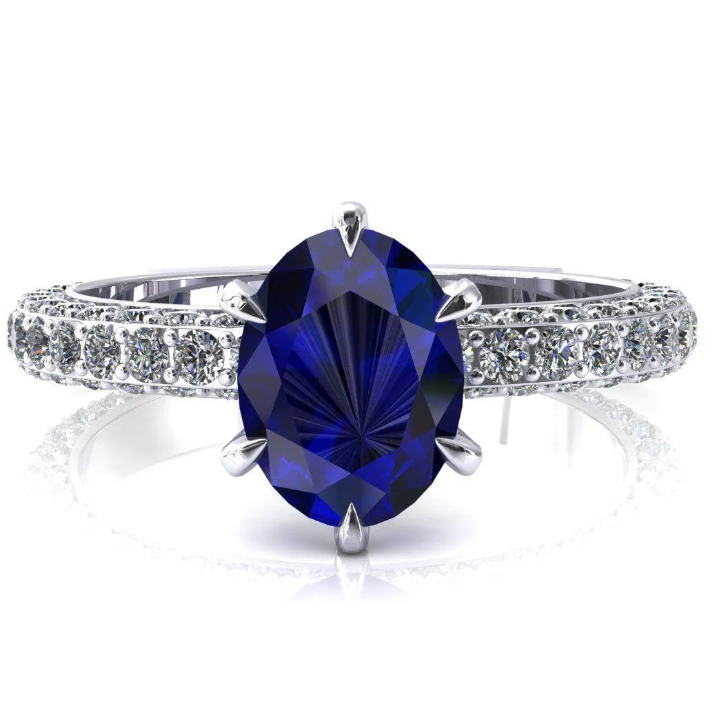 Vanessa Oval Blue Sapphire 6 Claw Prongs 3/4 Pavé Eternity Engagement Ring