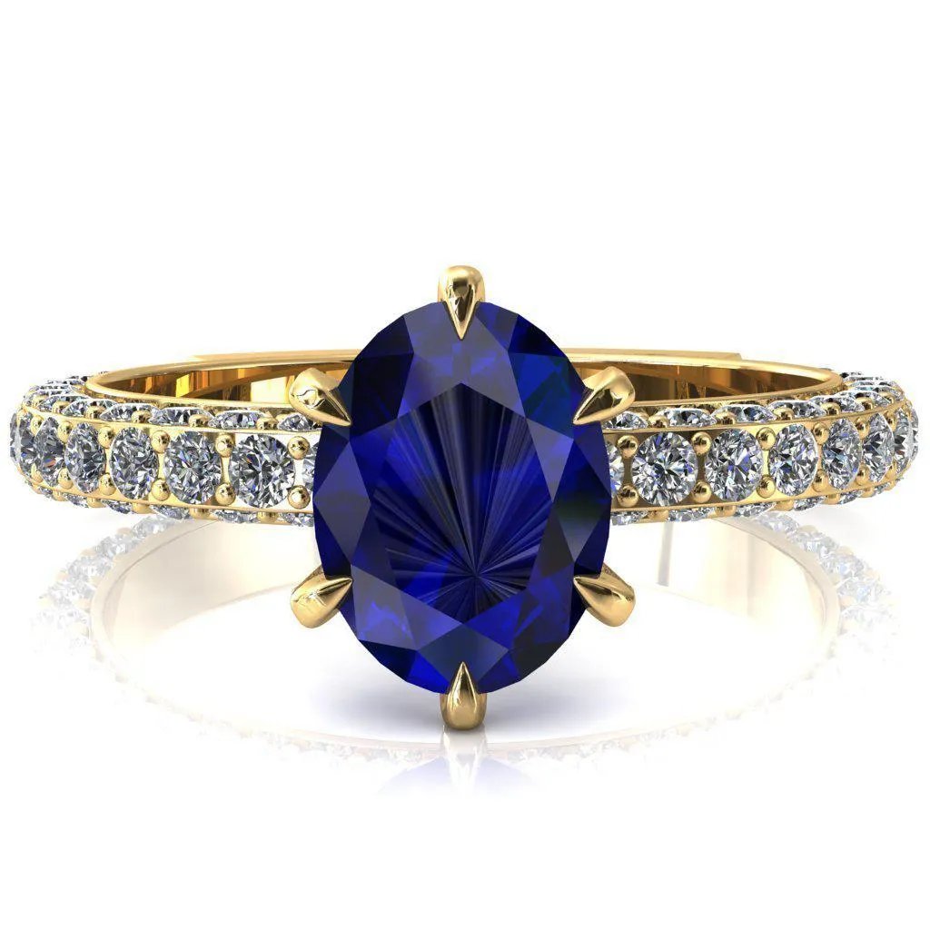 Vanessa Oval Blue Sapphire 6 Claw Prongs 3/4 Pavé Eternity Engagement Ring