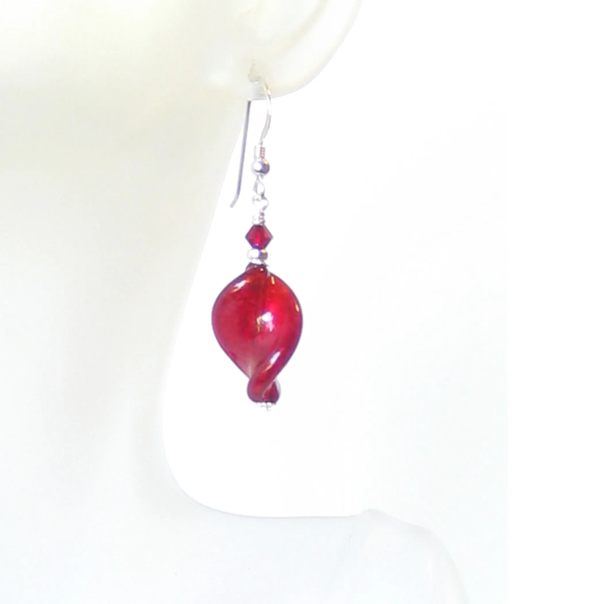 Venetian Glass Large Red Twist Sterling Silver Earrings
