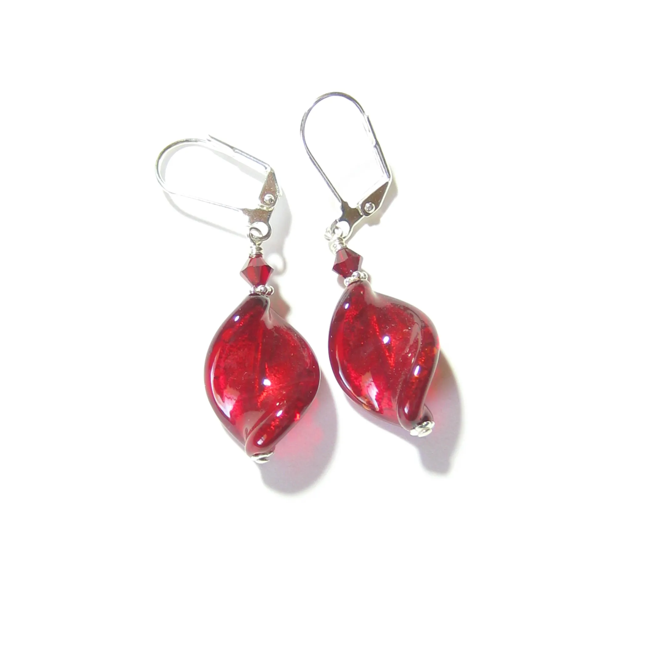 Venetian Glass Large Red Twist Sterling Silver Earrings