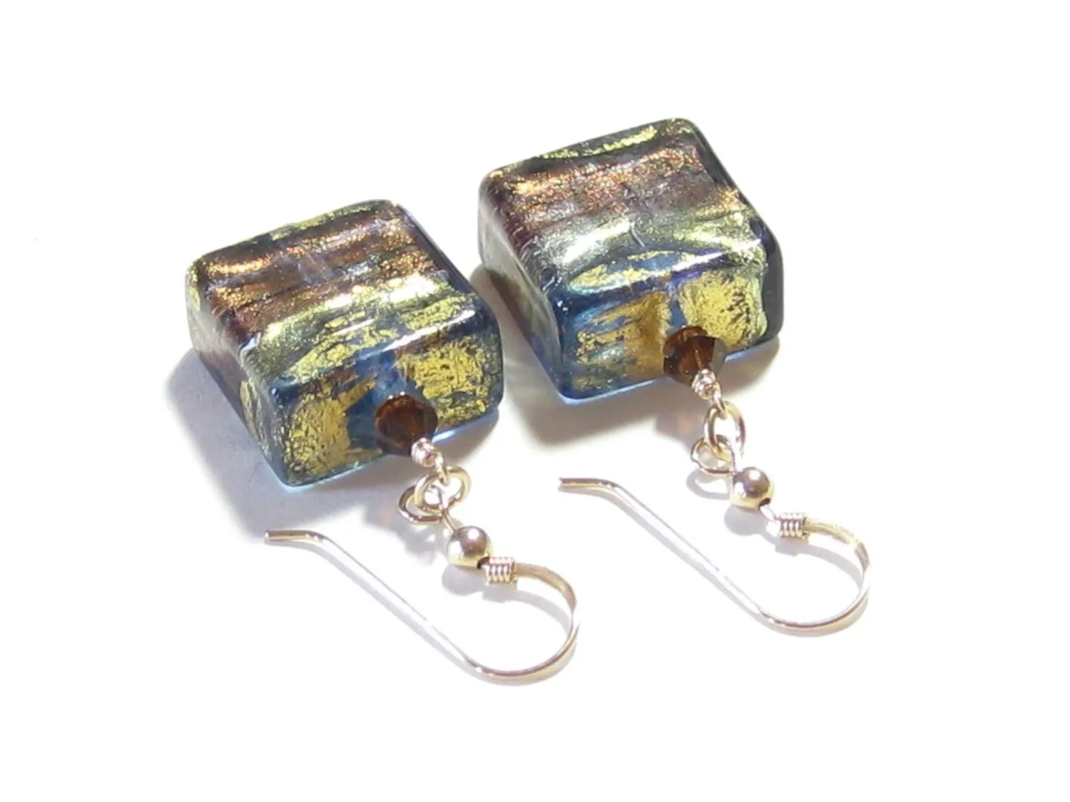 Venetian Glass Murano Square Chunky Earrings with Swirls of 24kt Gold