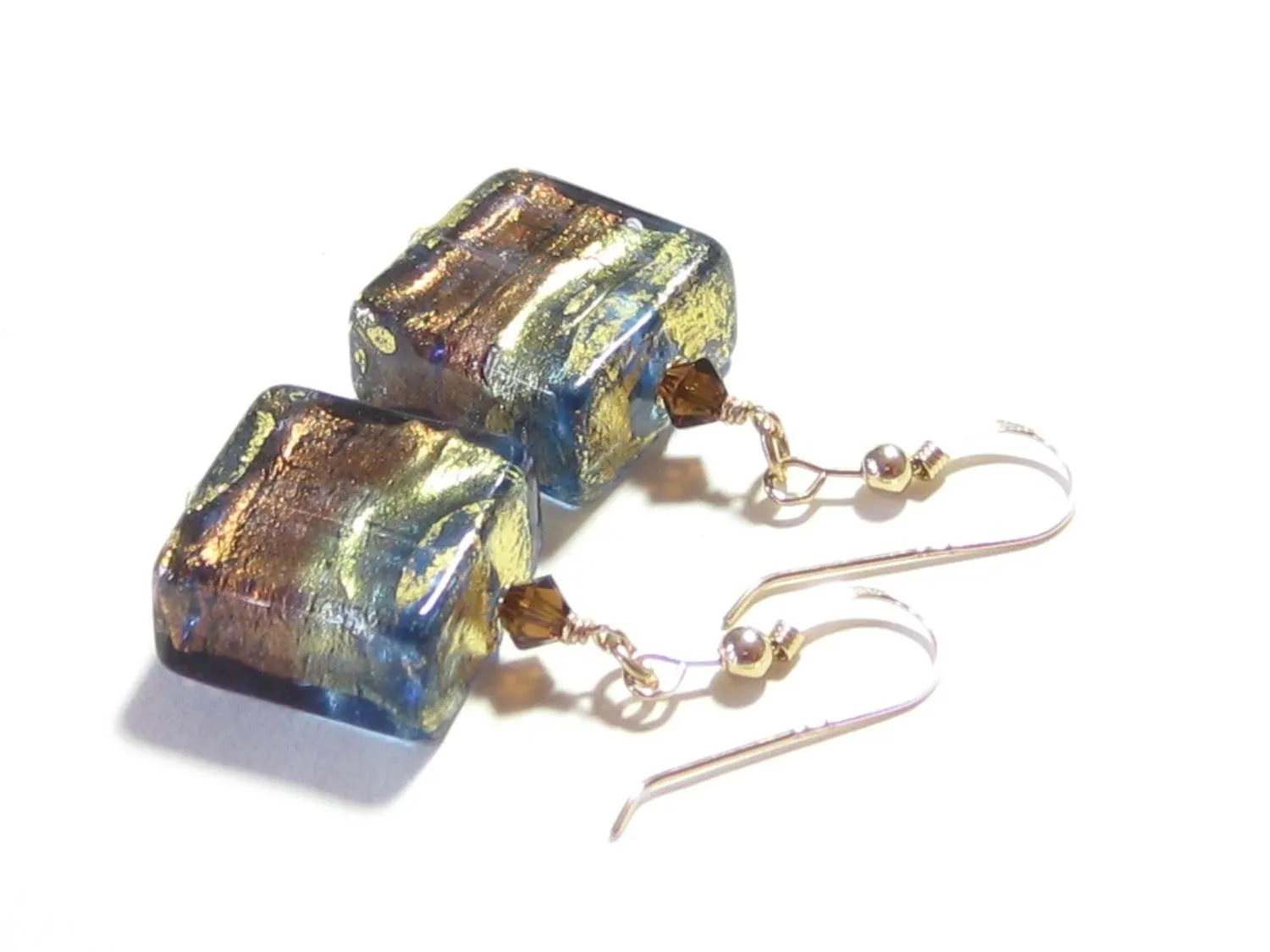 Venetian Glass Murano Square Chunky Earrings with Swirls of 24kt Gold