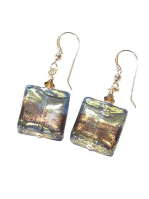 Venetian Glass Murano Square Chunky Earrings with Swirls of 24kt Gold