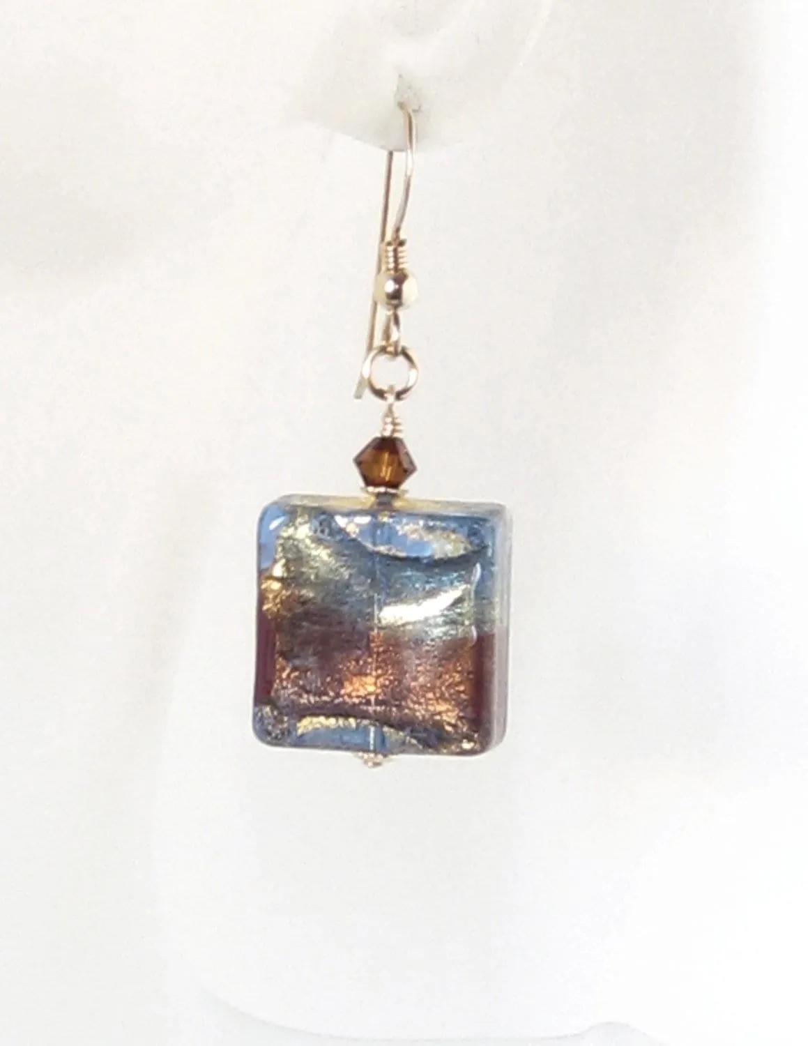 Venetian Glass Murano Square Chunky Earrings with Swirls of 24kt Gold