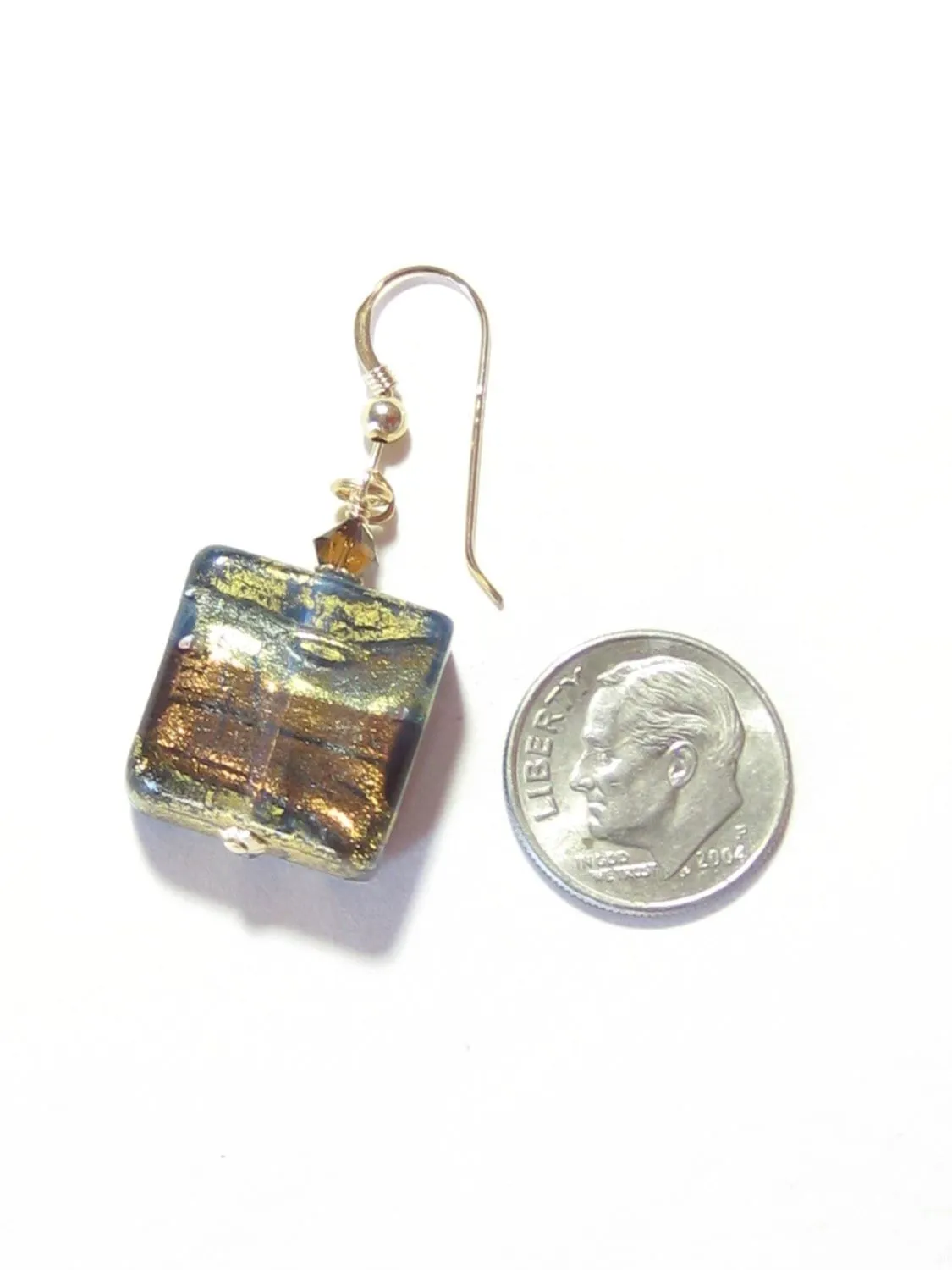Venetian Glass Murano Square Chunky Earrings with Swirls of 24kt Gold