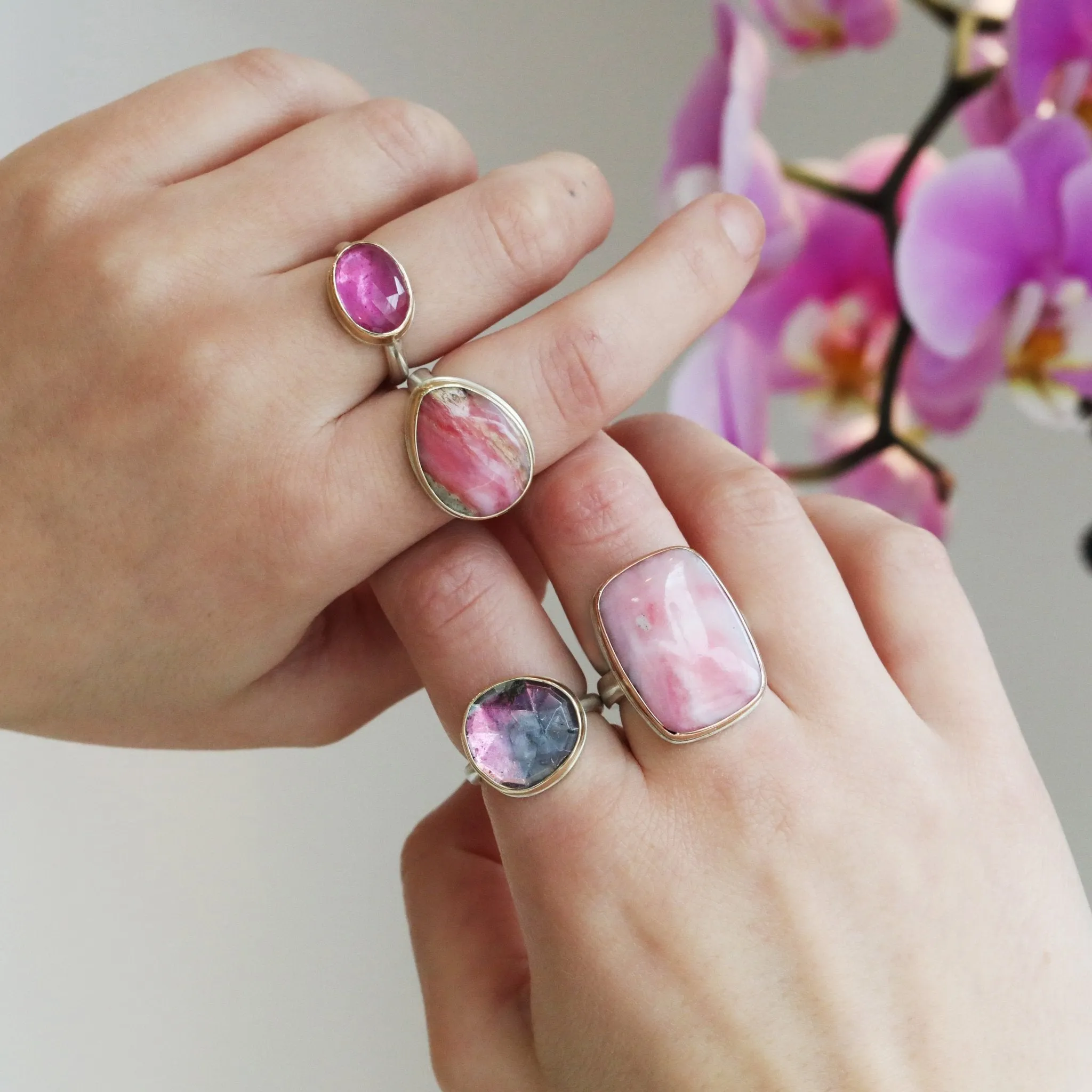 Vertical Rectangular Pink Peruvian Opal Ring