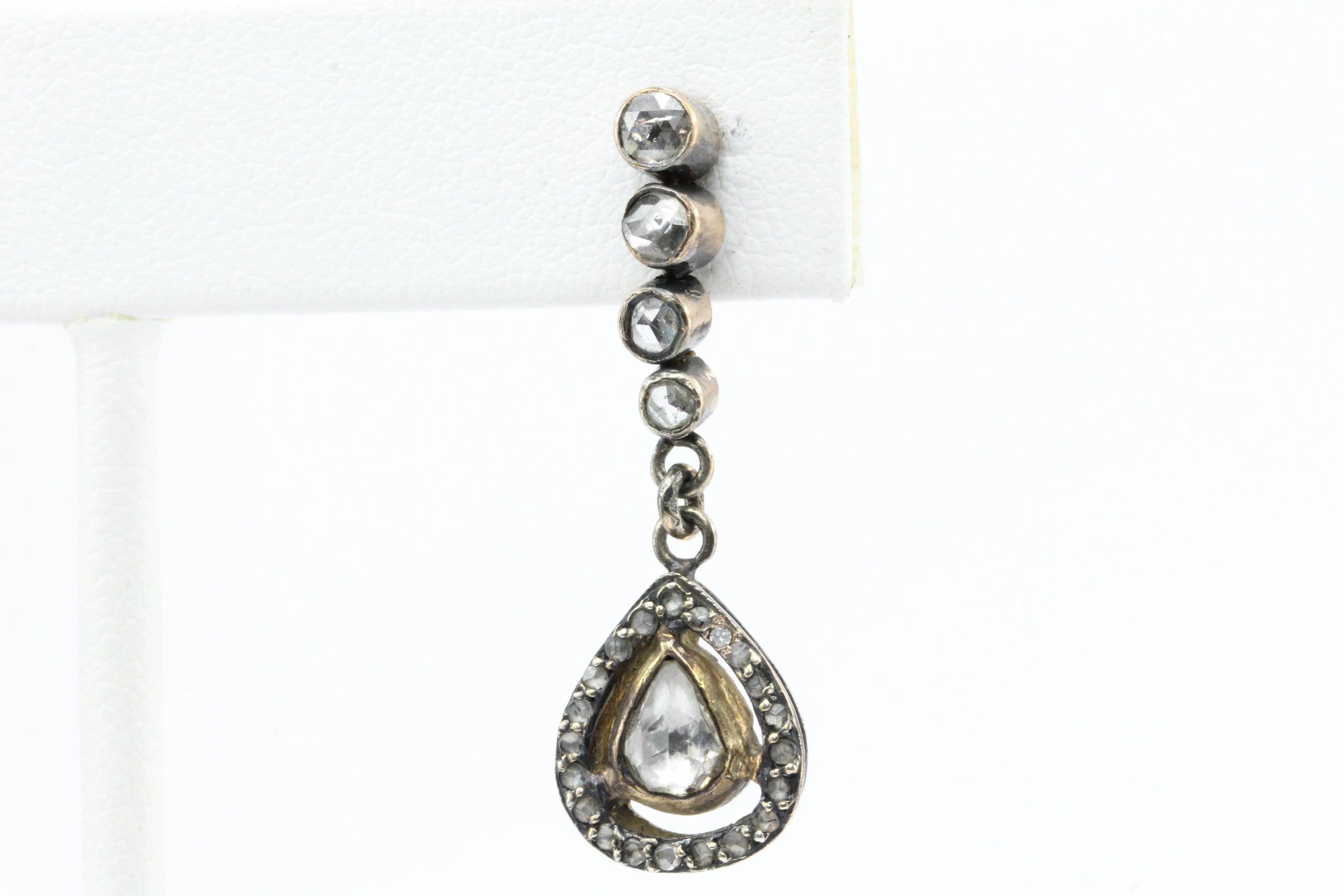 Victorian 10K Rose Gold Rose Cut Diamond Drop Earrings c.1890