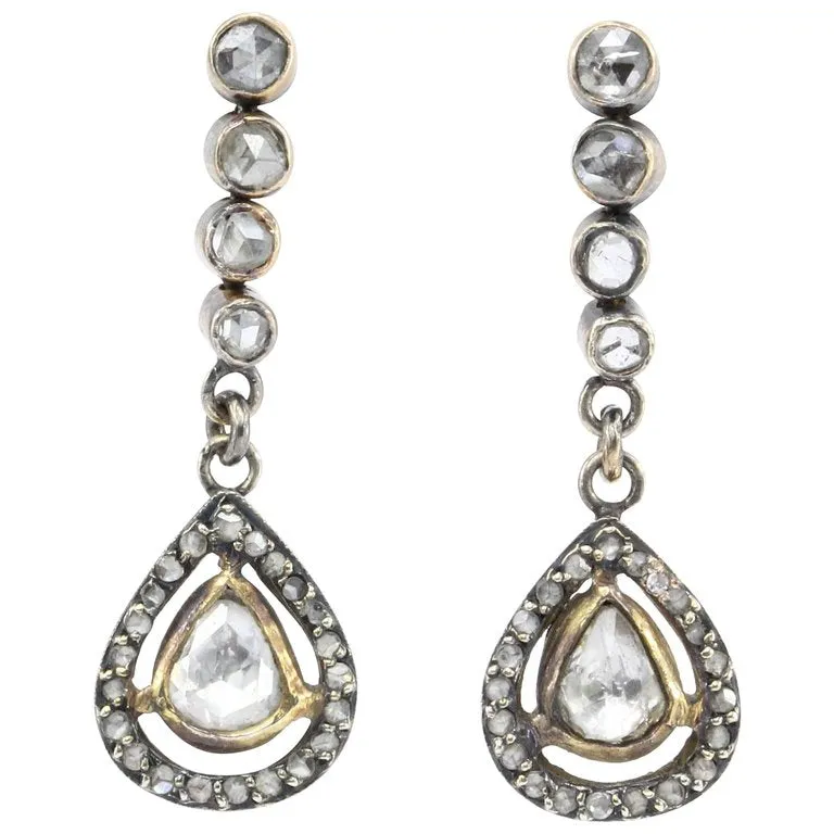 Victorian 10K Rose Gold Rose Cut Diamond Drop Earrings c.1890