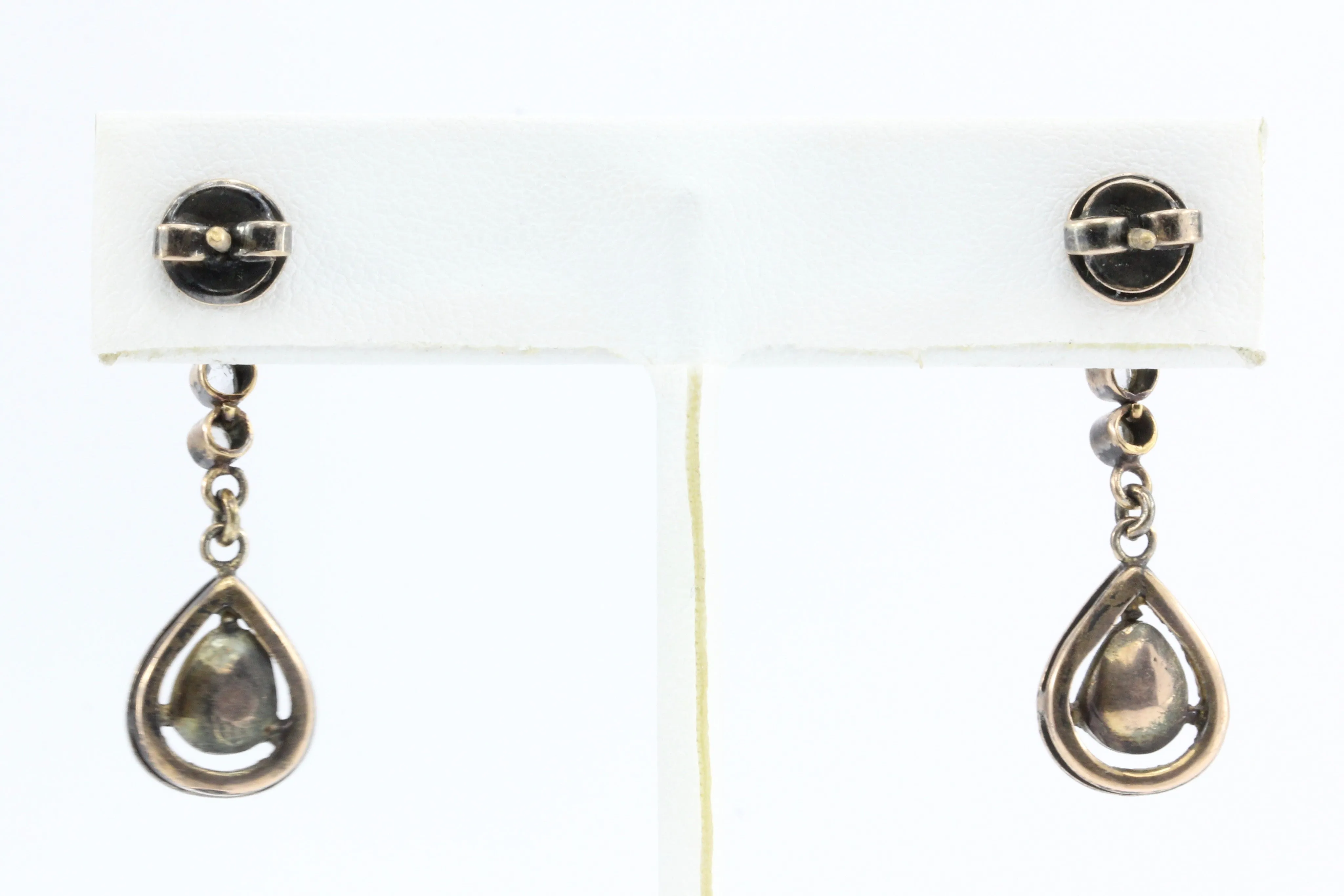 Victorian 10K Rose Gold Rose Cut Diamond Drop Earrings c.1890
