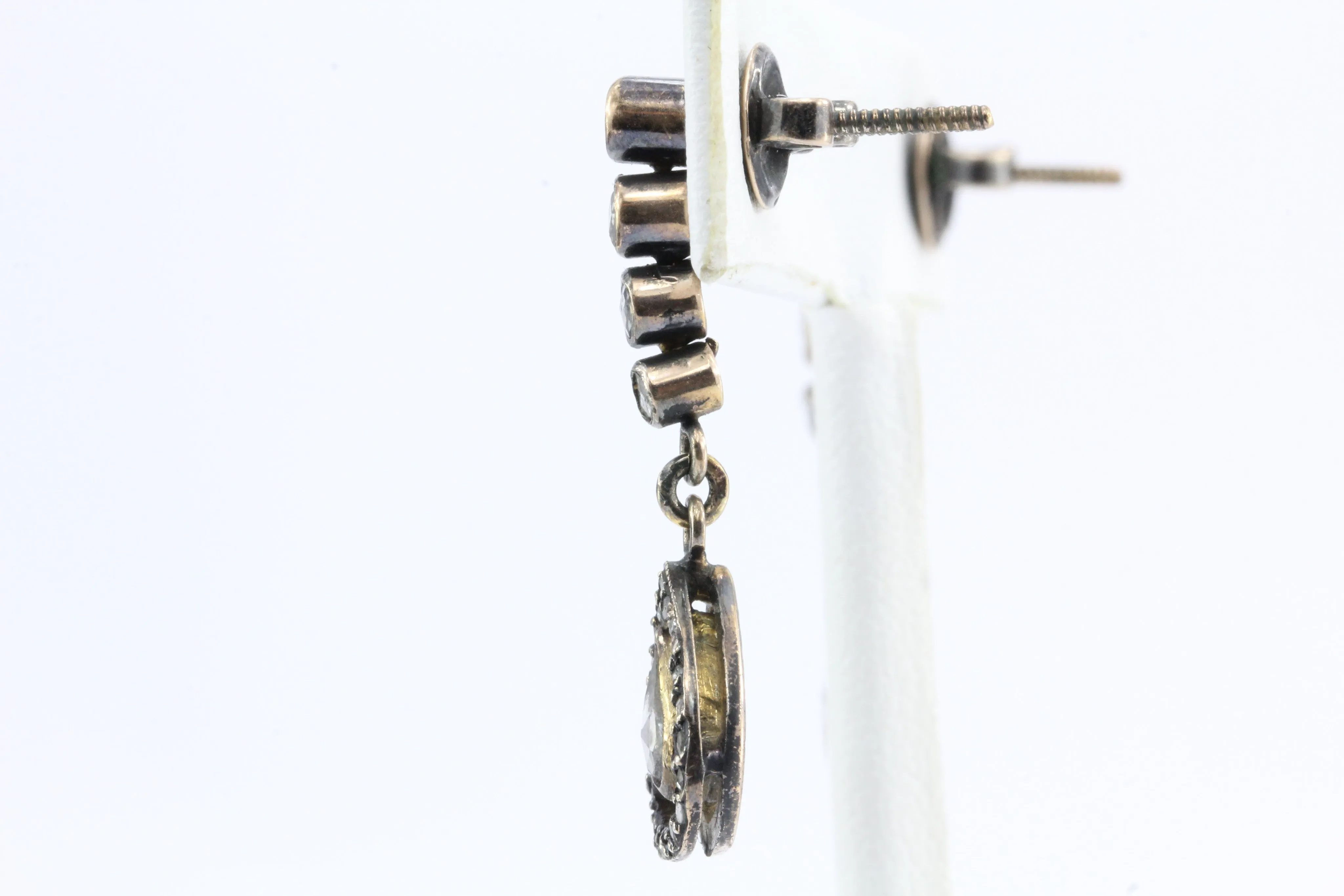 Victorian 10K Rose Gold Rose Cut Diamond Drop Earrings c.1890